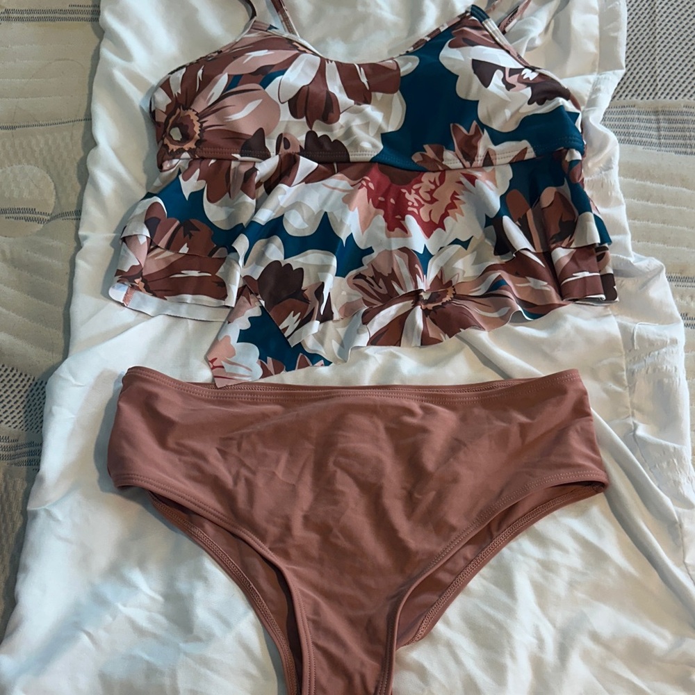 Floral Bikini Set with Brown Bottoms